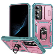 For Samsung Galaxy S25+ 5G Sliding Camshield TPU Hybrid PC Phone Case with Holder(Pink+Green)