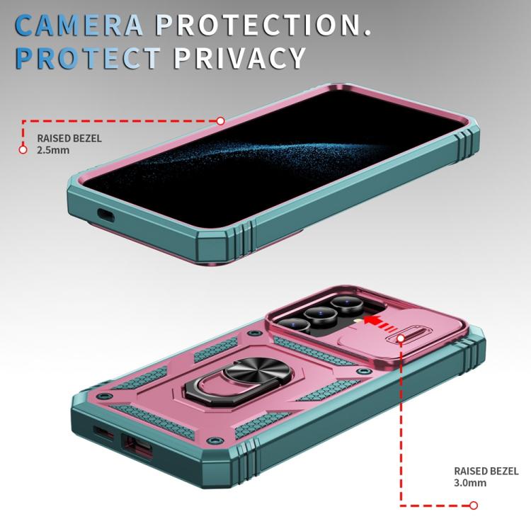 For Samsung Galaxy S25+ 5G Sliding Camshield TPU Hybrid PC Phone Case with Holder(Pink+Green)