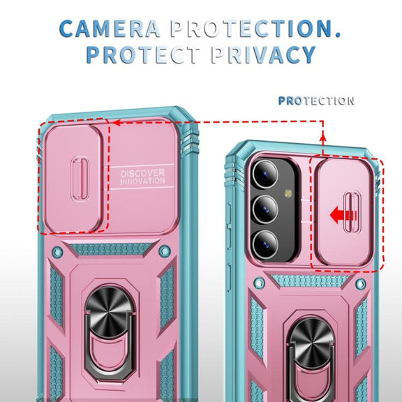 For Samsung Galaxy S25+ 5G Sliding Camshield TPU Hybrid PC Phone Case with Holder(Pink+Green)