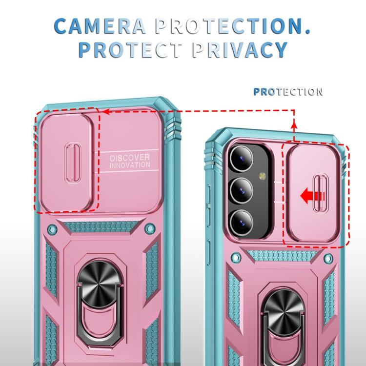 For Samsung Galaxy S25+ 5G Sliding Camshield TPU Hybrid PC Phone Case with Holder(Pink+Green)