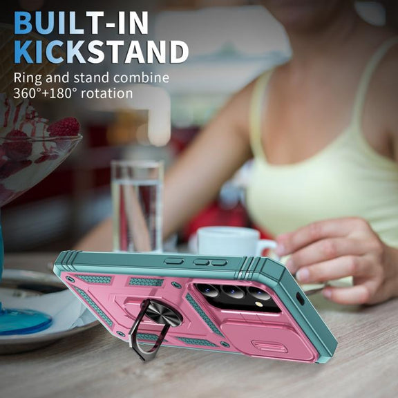 For Samsung Galaxy S25+ 5G Sliding Camshield TPU Hybrid PC Phone Case with Holder(Pink+Green)