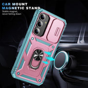 For Samsung Galaxy S25+ 5G Sliding Camshield TPU Hybrid PC Phone Case with Holder(Pink+Green)
