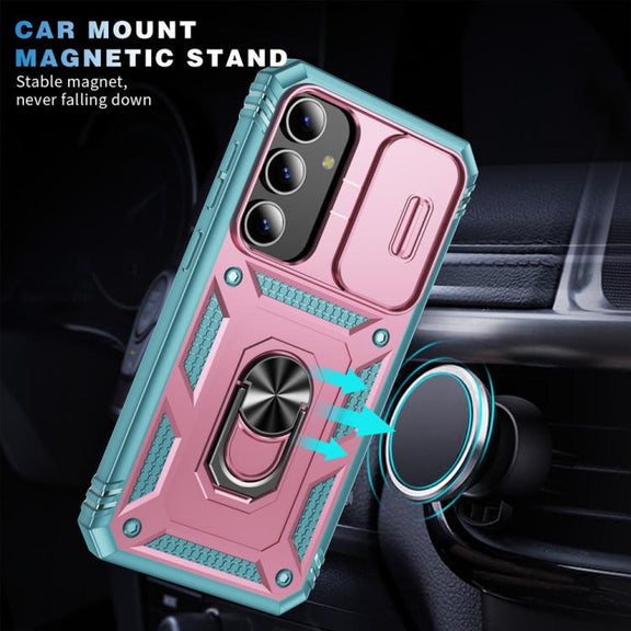 For Samsung Galaxy S25+ 5G Sliding Camshield TPU Hybrid PC Phone Case with Holder(Pink+Green)