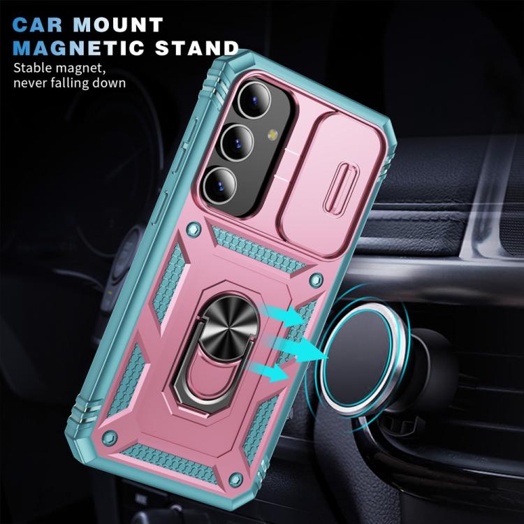 For Samsung Galaxy S25+ 5G Sliding Camshield TPU Hybrid PC Phone Case with Holder(Pink+Green)