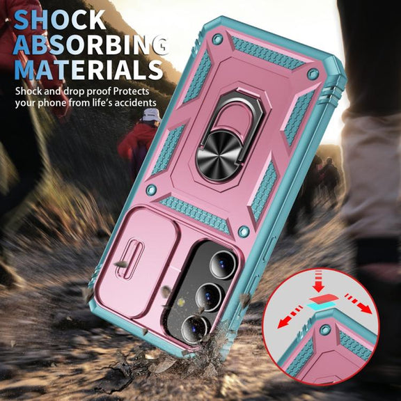 For Samsung Galaxy S25+ 5G Sliding Camshield TPU Hybrid PC Phone Case with Holder(Pink+Green)