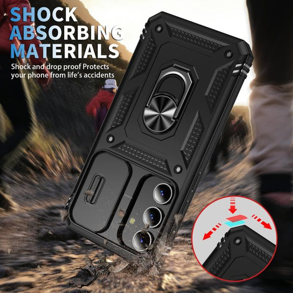 For Samsung Galaxy S25+ 5G Sliding Camshield TPU Hybrid PC Phone Case with Holder(Black)