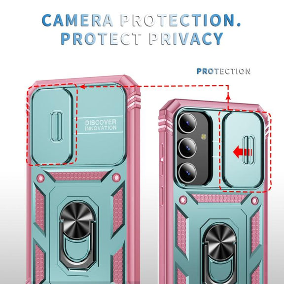 For Samsung Galaxy S25+ 5G Sliding Camshield TPU Hybrid PC Phone Case with Holder(Green+Pink)