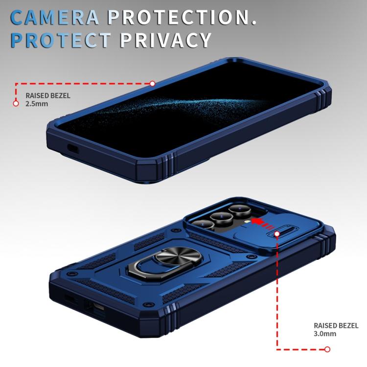 For Samsung Galaxy S25 5G Sliding Camshield TPU Hybrid PC Phone Case with Holder(Navy Blue)