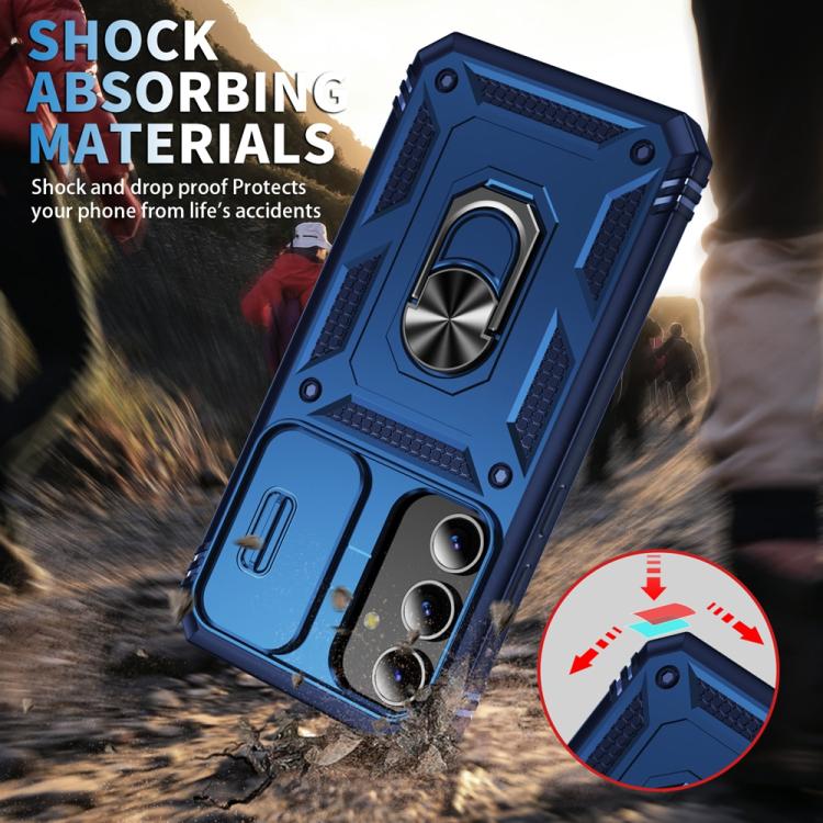 For Samsung Galaxy S25 5G Sliding Camshield TPU Hybrid PC Phone Case with Holder(Navy Blue)
