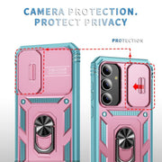 For Samsung Galaxy S25 5G Sliding Camshield TPU Hybrid PC Phone Case with Holder(Pink+Green)