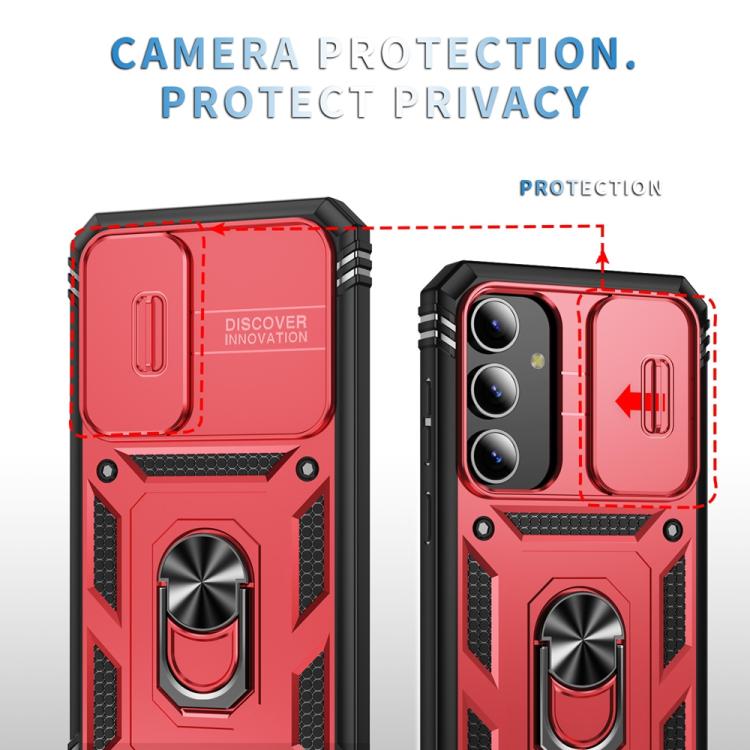 For Samsung Galaxy S25 5G Sliding Camshield TPU Hybrid PC Phone Case with Holder(Red+Black)