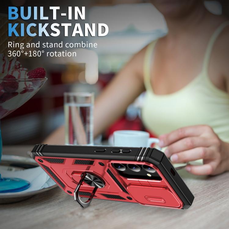For Samsung Galaxy S25 5G Sliding Camshield TPU Hybrid PC Phone Case with Holder(Red+Black)