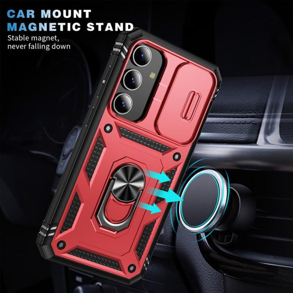 For Samsung Galaxy S25 5G Sliding Camshield TPU Hybrid PC Phone Case with Holder(Red+Black)