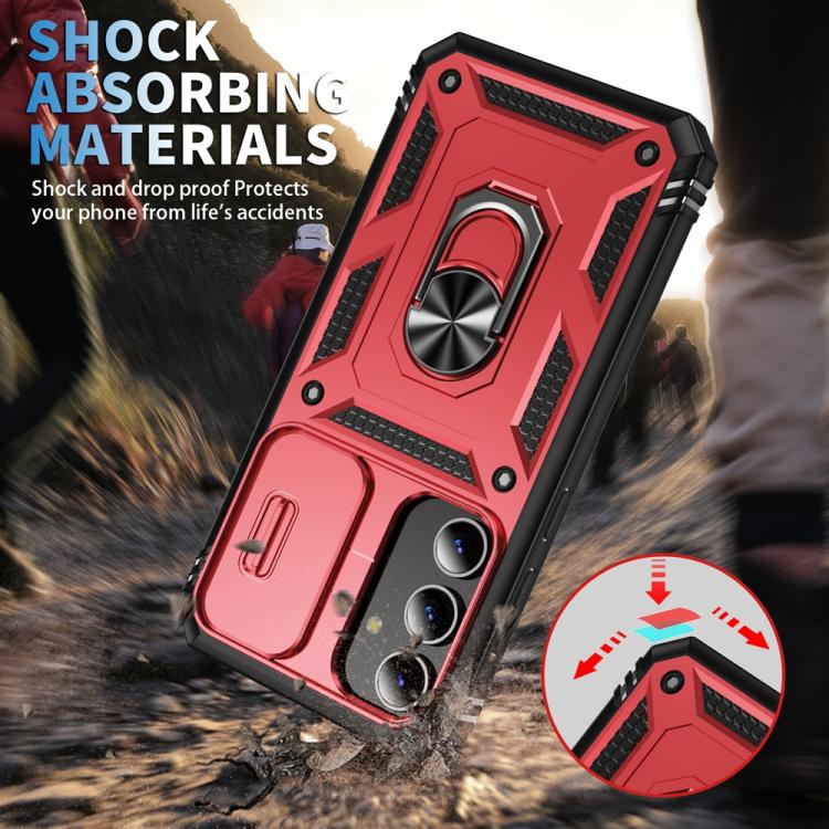 For Samsung Galaxy S25 5G Sliding Camshield TPU Hybrid PC Phone Case with Holder(Red+Black)