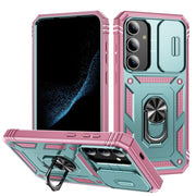 For Samsung Galaxy S25 5G Sliding Camshield TPU Hybrid PC Phone Case with Holder(Green+Pink)