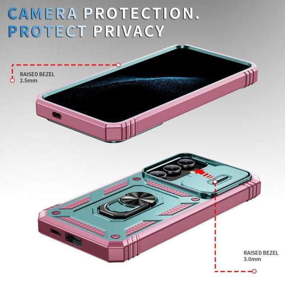 For Samsung Galaxy S25 5G Sliding Camshield TPU Hybrid PC Phone Case with Holder(Green+Pink)
