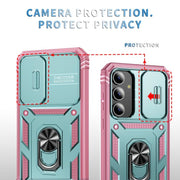 For Samsung Galaxy S25 5G Sliding Camshield TPU Hybrid PC Phone Case with Holder(Green+Pink)