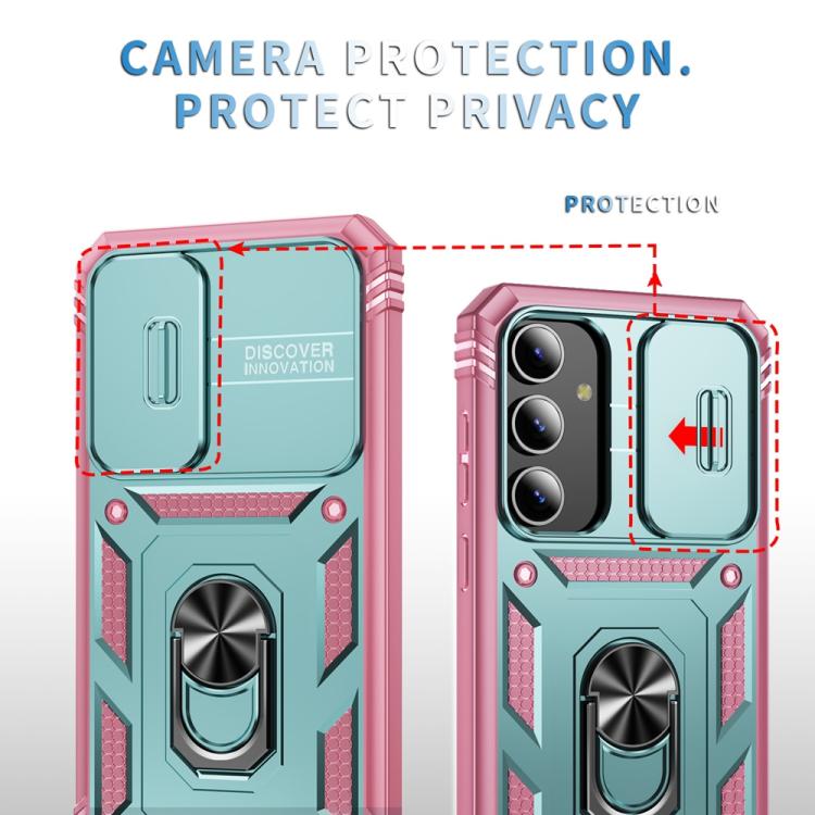 For Samsung Galaxy S25 5G Sliding Camshield TPU Hybrid PC Phone Case with Holder(Green+Pink)