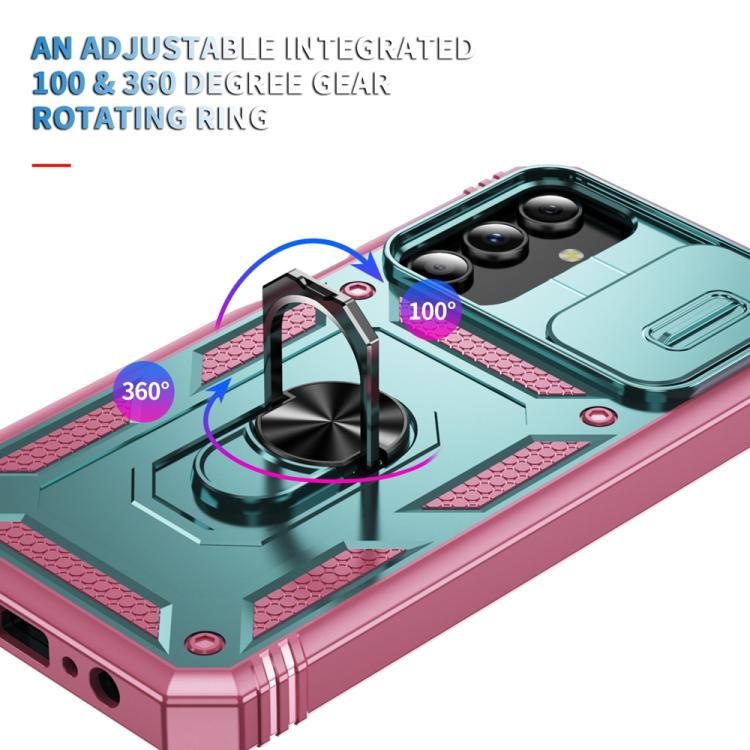 For Samsung Galaxy S25 5G Sliding Camshield TPU Hybrid PC Phone Case with Holder(Green+Pink)
