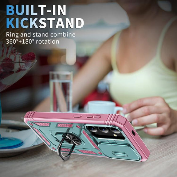 For Samsung Galaxy S25 5G Sliding Camshield TPU Hybrid PC Phone Case with Holder(Green+Pink)