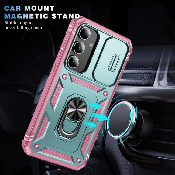 For Samsung Galaxy S25 5G Sliding Camshield TPU Hybrid PC Phone Case with Holder(Green+Pink)