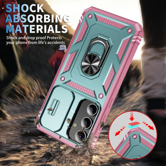For Samsung Galaxy S25 5G Sliding Camshield TPU Hybrid PC Phone Case with Holder(Green+Pink)