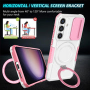 For Samsung Galaxy S25 5G Sliding Camshield MagSafe Holder TPU Hybrid PC Phone Case(Pink White)