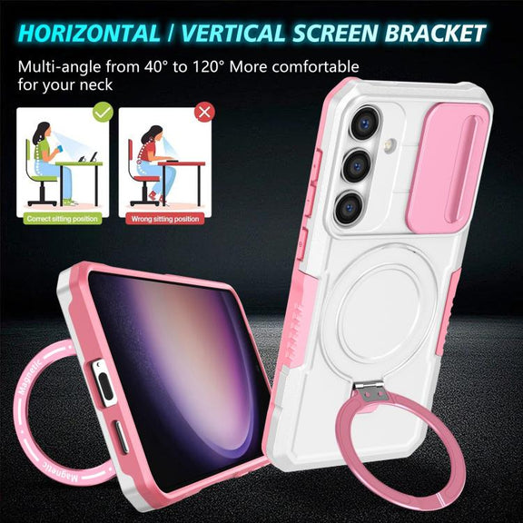 For Samsung Galaxy S25 5G Sliding Camshield MagSafe Holder TPU Hybrid PC Phone Case(Pink White)