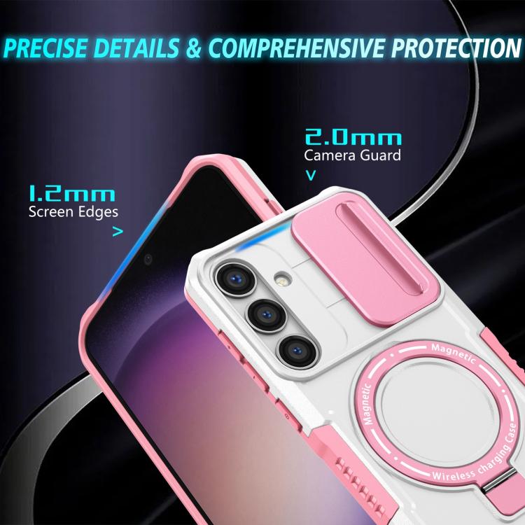 For Samsung Galaxy S25 5G Sliding Camshield MagSafe Holder TPU Hybrid PC Phone Case(Pink White)