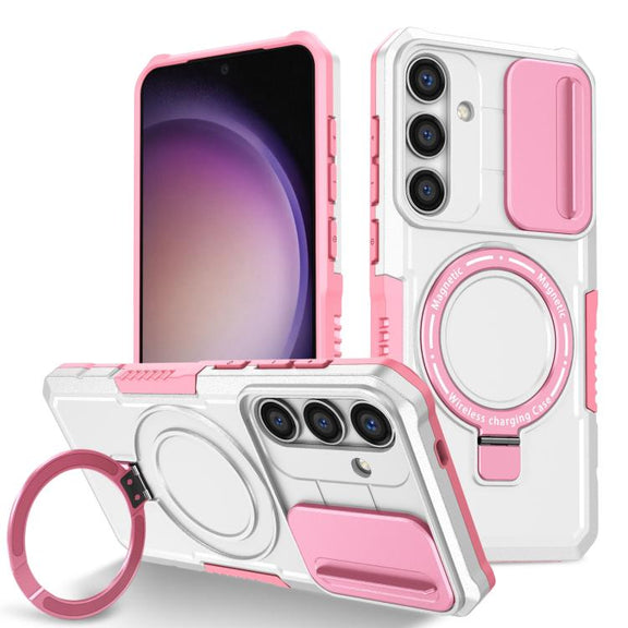 For Samsung Galaxy S25 5G Sliding Camshield MagSafe Holder TPU Hybrid PC Phone Case(Pink White)
