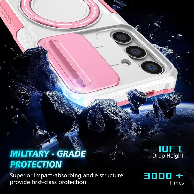 For Samsung Galaxy S25 5G Sliding Camshield MagSafe Holder TPU Hybrid PC Phone Case(Pink White)