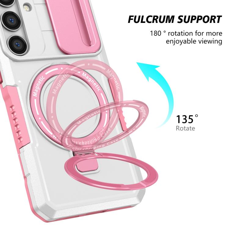 For Samsung Galaxy S25 5G Sliding Camshield MagSafe Holder TPU Hybrid PC Phone Case(Pink White)
