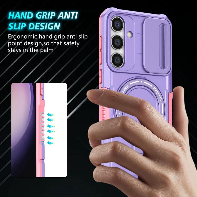 For Samsung Galaxy S25 5G Sliding Camshield MagSafe Holder TPU Hybrid PC Phone Case(Pink Purple)