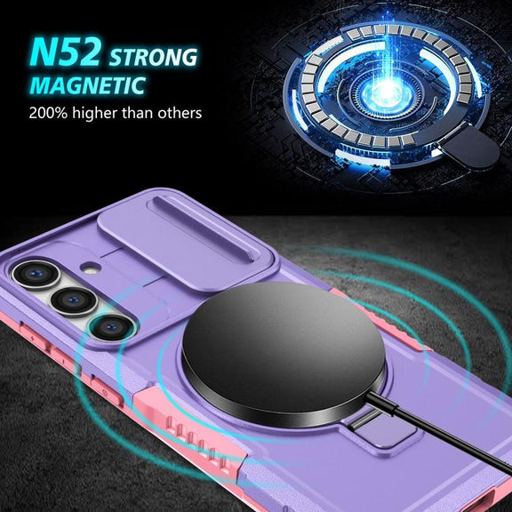 For Samsung Galaxy S25 5G Sliding Camshield MagSafe Holder TPU Hybrid PC Phone Case(Pink Purple)