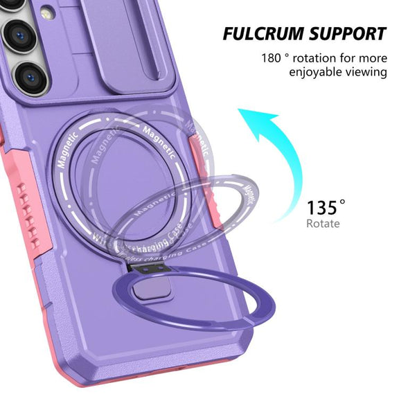 For Samsung Galaxy S25 5G Sliding Camshield MagSafe Holder TPU Hybrid PC Phone Case(Pink Purple)