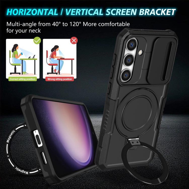 For Samsung Galaxy S25 5G Sliding Camshield MagSafe Holder TPU Hybrid PC Phone Case(Black)