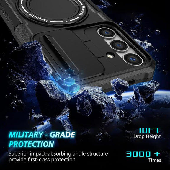 For Samsung Galaxy S25 5G Sliding Camshield MagSafe Holder TPU Hybrid PC Phone Case(Black)