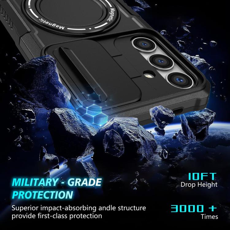 For Samsung Galaxy S25 5G Sliding Camshield MagSafe Holder TPU Hybrid PC Phone Case(Black)