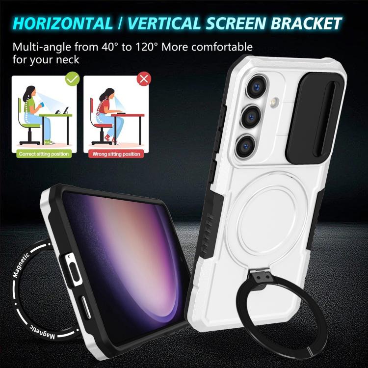For Samsung Galaxy S25 5G Sliding Camshield MagSafe Holder TPU Hybrid PC Phone Case(Black White)