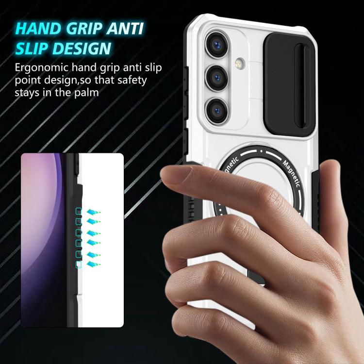 For Samsung Galaxy S25 5G Sliding Camshield MagSafe Holder TPU Hybrid PC Phone Case(Black White) - free shipping - PMC TechLife - Order now!