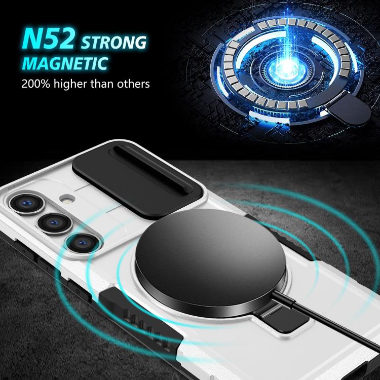 For Samsung Galaxy S25 5G Sliding Camshield MagSafe Holder TPU Hybrid PC Phone Case(Black White)