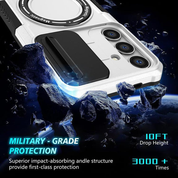 For Samsung Galaxy S25 5G Sliding Camshield MagSafe Holder TPU Hybrid PC Phone Case(Black White)