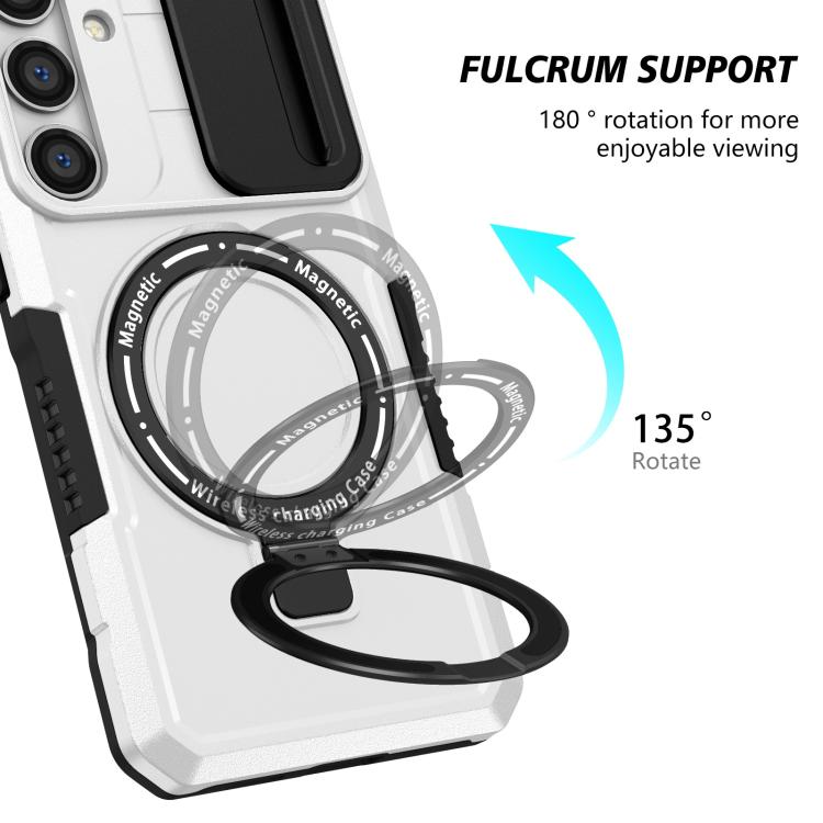 For Samsung Galaxy S25 5G Sliding Camshield MagSafe Holder TPU Hybrid PC Phone Case(Black White)