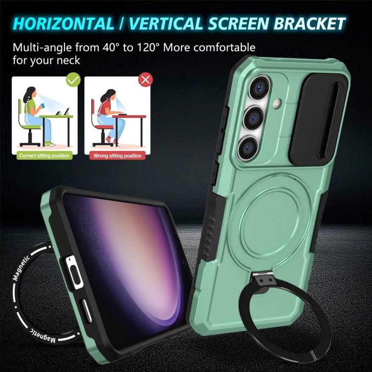 For Samsung Galaxy S25 5G Sliding Camshield MagSafe Holder TPU Hybrid PC Phone Case(Light Blue)