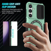 For Samsung Galaxy S25 5G Sliding Camshield MagSafe Holder TPU Hybrid PC Phone Case(Light Blue)
