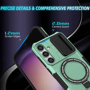 For Samsung Galaxy S25 5G Sliding Camshield MagSafe Holder TPU Hybrid PC Phone Case(Light Blue)