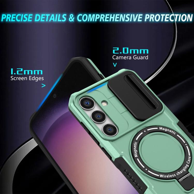 For Samsung Galaxy S25 5G Sliding Camshield MagSafe Holder TPU Hybrid PC Phone Case(Light Blue)