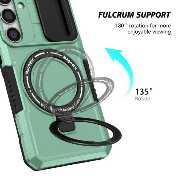 For Samsung Galaxy S25 5G Sliding Camshield MagSafe Holder TPU Hybrid PC Phone Case(Light Blue)