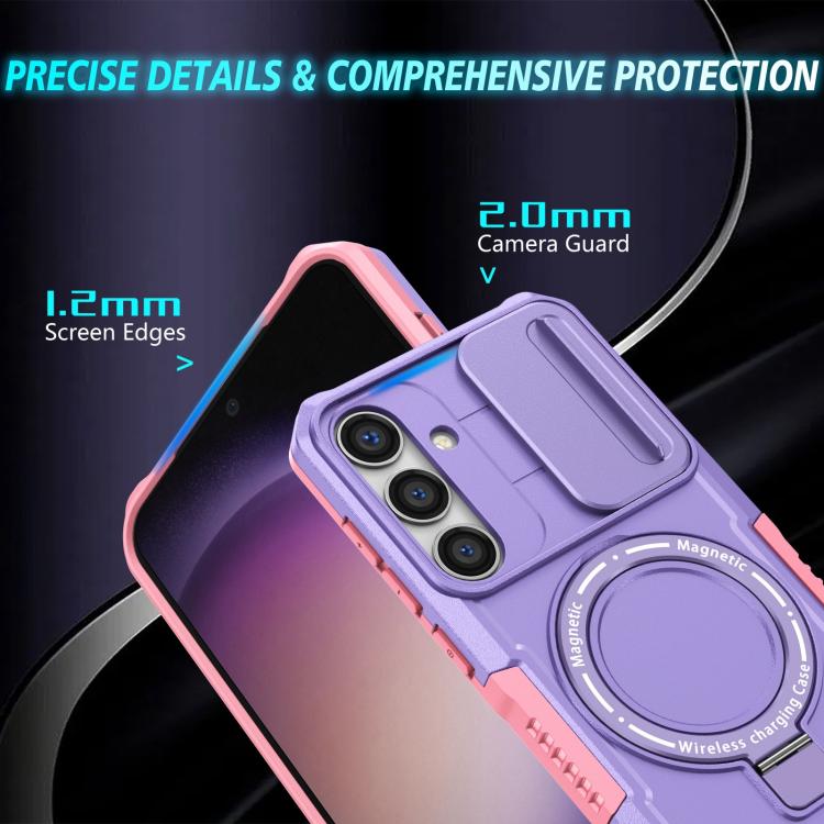 For Samsung Galaxy S25+ 5G Sliding Camshield MagSafe Holder TPU Hybrid PC Phone Case(Pink Purple)