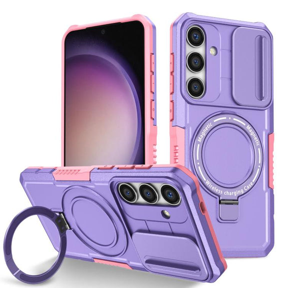 For Samsung Galaxy S25+ 5G Sliding Camshield MagSafe Holder TPU Hybrid PC Phone Case(Pink Purple)